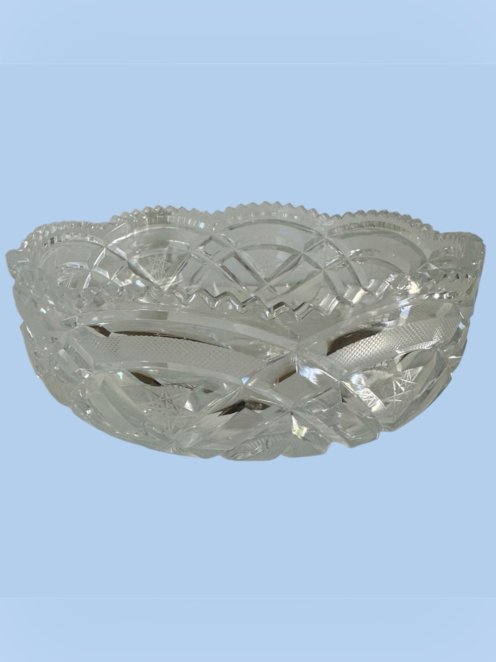 Vintage Heavy Cut Crystal Glass Bowl Starburst Sawtooth Rim 9” – 4.6 Lbs